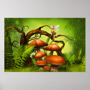 Fantastisch wereldbos, grote paddenstoelen en vrij poster