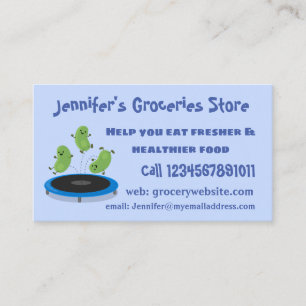 Fantastische groene bonen op trampoline-cartoon visitekaartje