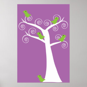 Fantastische groene vogels witte boom muurkunst poster