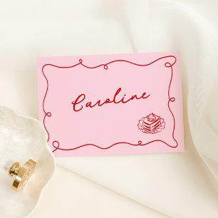 Fantastische handgetekende roze & rode plaatskaart kaart