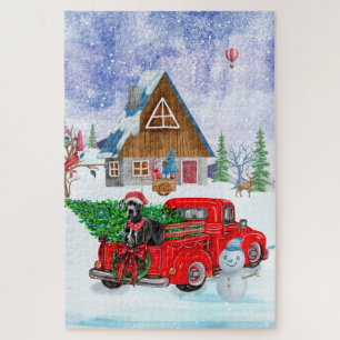 Fantastische hond in kerstcadeauwagen sneeuw legpuzzel