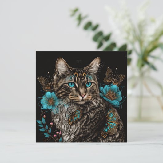 Fantastische kat met bloemen en vlinders AI-kunst (Staand voorkant)