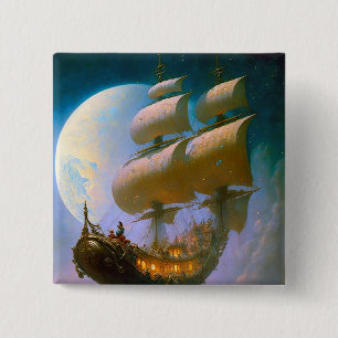 Fantastische kunst van het vliegende schip vierkante button 5,1 cm