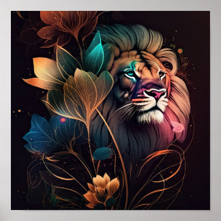 Fantastische, mooie leeuw met bloemen AI-kunst Poster