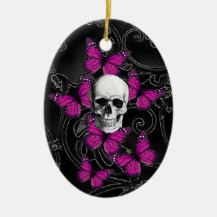 Fantastische schedel en hete roze vlinders keramisch ornament