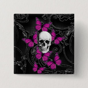 Fantastische schedel en hete roze vlinders vierkante button 5,1 cm