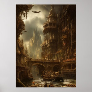 Fantastische stad langs de brug poster