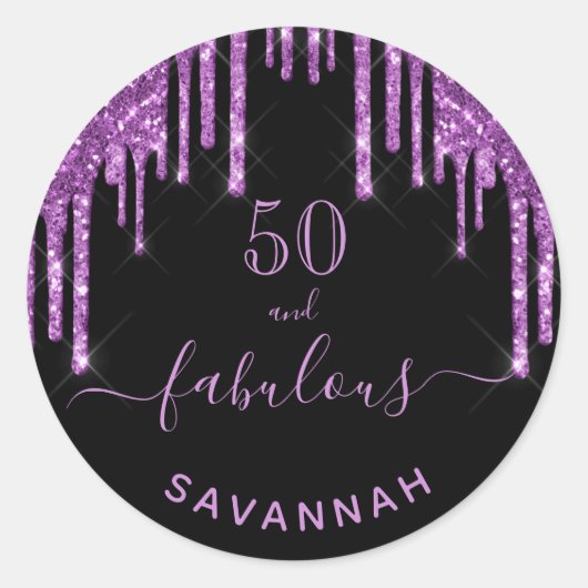 Fantastische verjaardag zwarte paarse glitterspark ronde sticker (Voorkant)