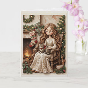 Fantastische Winterkattenmaagd Fantasy Kunstkaart Kaart
