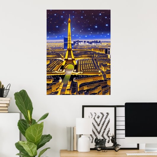 Fantasy Aerial Uitzicht Paris onder de sterren Poster (Thuiskantoor)