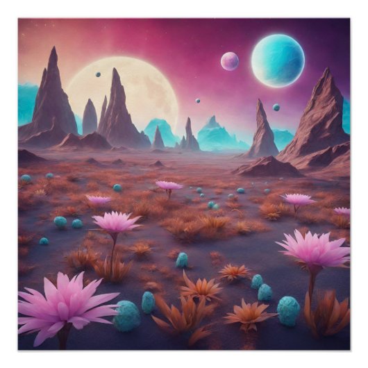 Fantasy Alien Planet Landschap met Bloemen Perfect Poster (Voorkant)