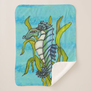 Fantasy Aqua Blauw Wit Zeepaardje in Groen Zeewier Sherpa Deken