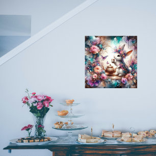 Fantasy Art Paarse Teal Waterverf Konijn Thee Fees Perfect Poster