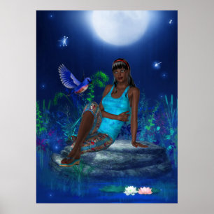 Fantasy Art Poster Maneschijn Vogel Meisje