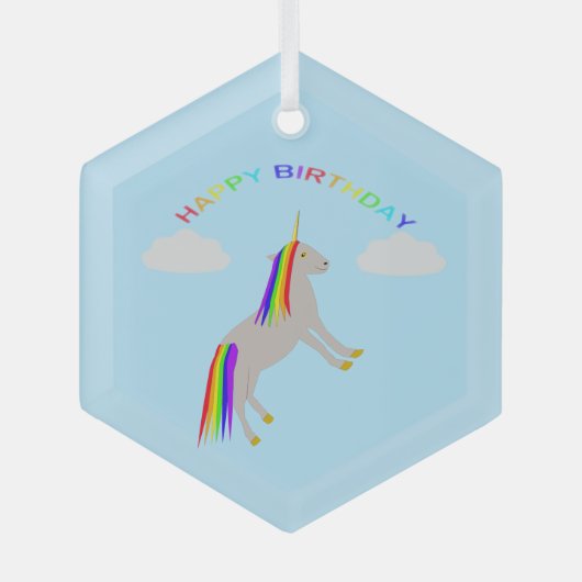 Fantasy Birthday Unicorn Rainbow en Clouds Glas Ornament (Voorkant)