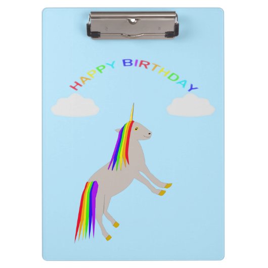 Fantasy Birthday Unicorn Rainbow en Clouds Klembord (Voorkant)