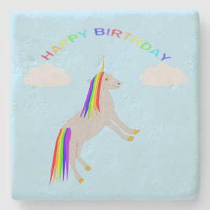 Fantasy Birthday Unicorn Rainbow en Clouds Stenen Onderzetter