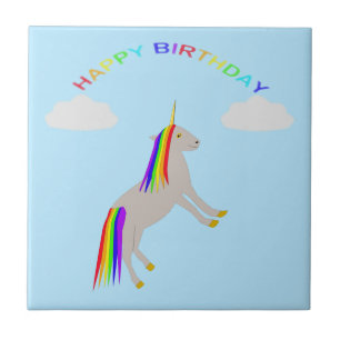 Fantasy Birthday Unicorn Rainbow en Clouds Tegeltje