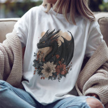 Fantasy Black Dragon & Floral Art T-shirt