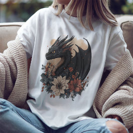 Fantasy Black Dragon & Floral Art T-shirt