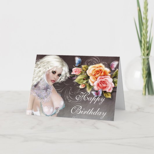 Fantasy Blonde met Rozen Birthday Kaart (Voorkant)