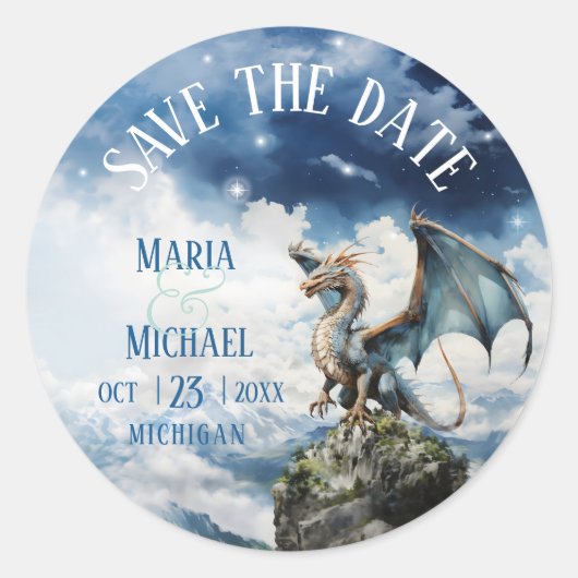 Fantasy Blue Dragon Wedding Save the Date Sticker (Voorkant)