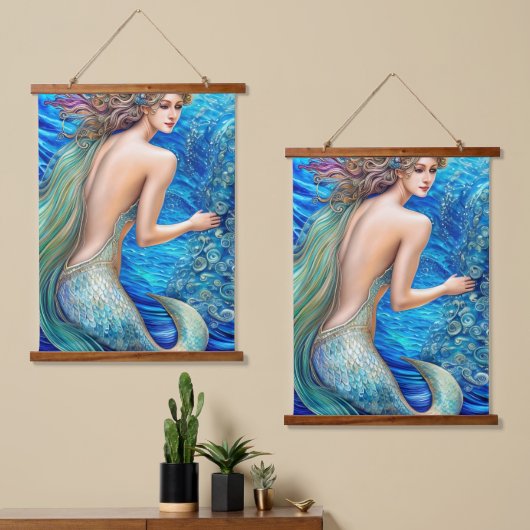Fantasy Blue Mermaid Ocean Waves Art Hangend Wandkleed (Asymmetrisch)