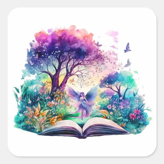 Fantasy Boek Lover Fairy Vierkante Sticker (Voorkant)