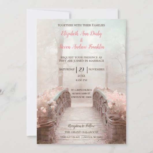 Fantasy Bridge in de Bossen met Pink Flowers Kaart (Voorkant)