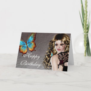 Fantasy Brunette met Butterfly Birthday Kaart