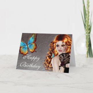 Fantasy Butterfly Redhead Woman Birthday Kaart