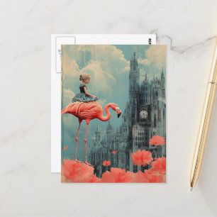 Fantasy Child rijdt op een roze flamingo Briefkaart