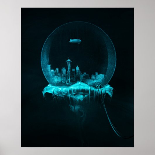 Fantasy City in een Snowglobe met een Blimp Poster (Voorkant)