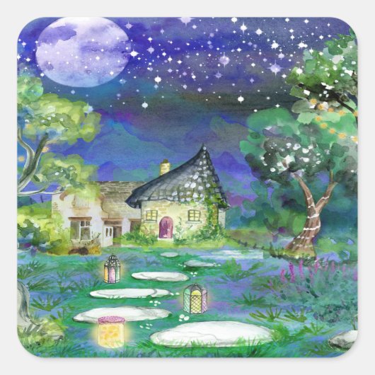 Fantasy Cottage Vierkante Sticker (Voorkant)