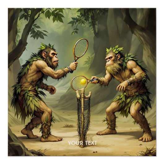 Fantasy Cute Neandertals Playing Tennis Perfect Poster (Voorkant)