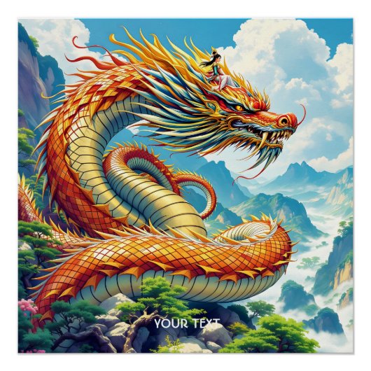 Fantasy Cute Orange Dragon Mountains Perfect Poster (Voorkant)