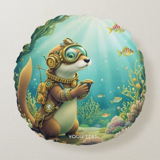 Fantasy Cute Otter Steampunk Suit Rond Kussen (Voorkant)