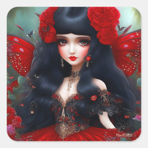 Fantasy Cute Red Fairy Princess Decoupage Vierkante Sticker
