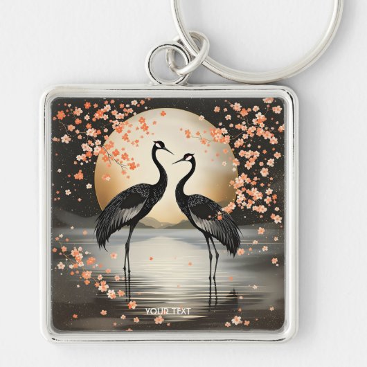 Fantasy Cute Two Black Cranes Sleutelhanger (Voorkant)