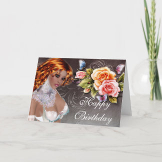 Fantasy Dark Skin Redhead met Rozen Birthday Kaart