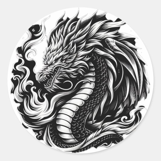 Fantasy Dragon Zwart/Wit Ronde Sticker (Voorkant)