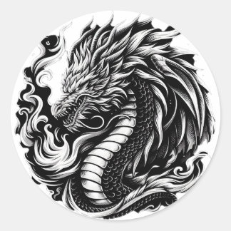 Fantasy Dragon Zwart/Wit Ronde Sticker