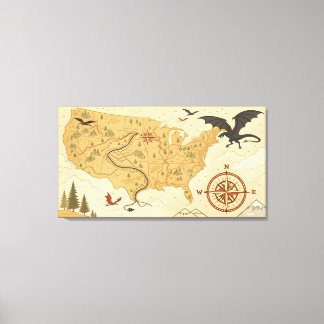 Fantasy Drakenkaart van de VS – Vintage Avontuur  Canvas Afdruk