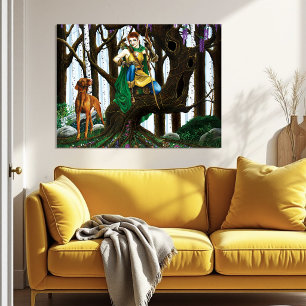 Fantasy Elf Boogschutter Vizsla Hond Betoverd Bos Poster