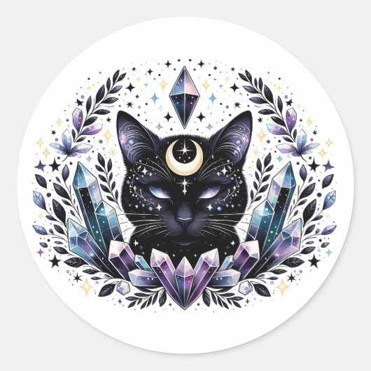 Fantasy Esoteric Crystal Black Cat Ronde Sticker (Voorkant)
