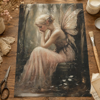 Fantasy Fee Sitting op een Houten Stam Decoupage Tissuepapier
