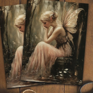 Fantasy Fee Sitting op een Houten Stam Decoupage Tissuepapier