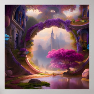 Fantasy floral courtyard roze boom poster