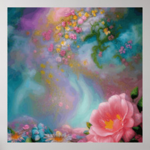 Fantasy Flowers gekleurd in roze en turquoise Poster