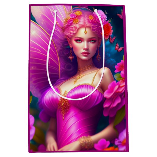 Fantasy Fuchsia Fairy Flower Butterflies Medium Cadeauzakje (Voorkant)